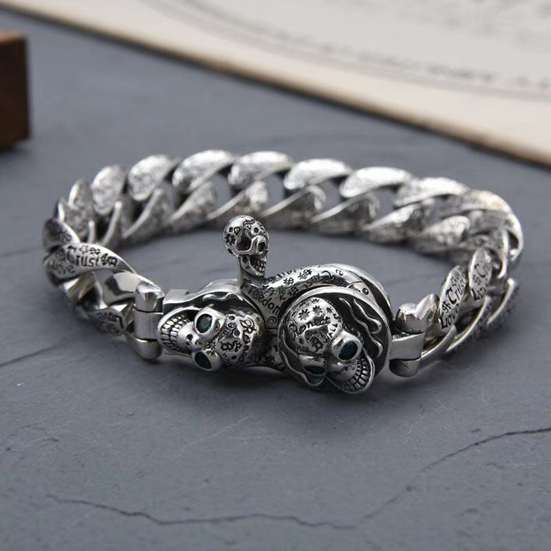 Trevus - Twin Skull Silver Bracelet