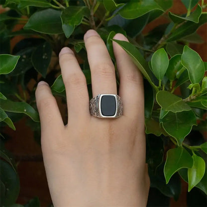 Rectangle Agate Stone Silver Ring